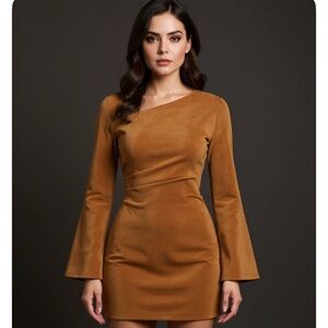 NWT Commense Asymmetrical Ruched Long Sleeve Suede Effect Mini Dress XS